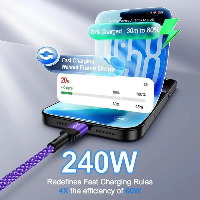 Alt view image 2 of 7 - iPhone 17e 17 Pro Max 240W USB C to USB C Cable, 10FT Fast Charging Type C Charger Cord Nylon Woven USBC Cable for iPhone 17e 17 Air 17 Pro 17 Pro Max 16e 16 Pro 15 iPad MacBook Samsung Galaxy Pixel