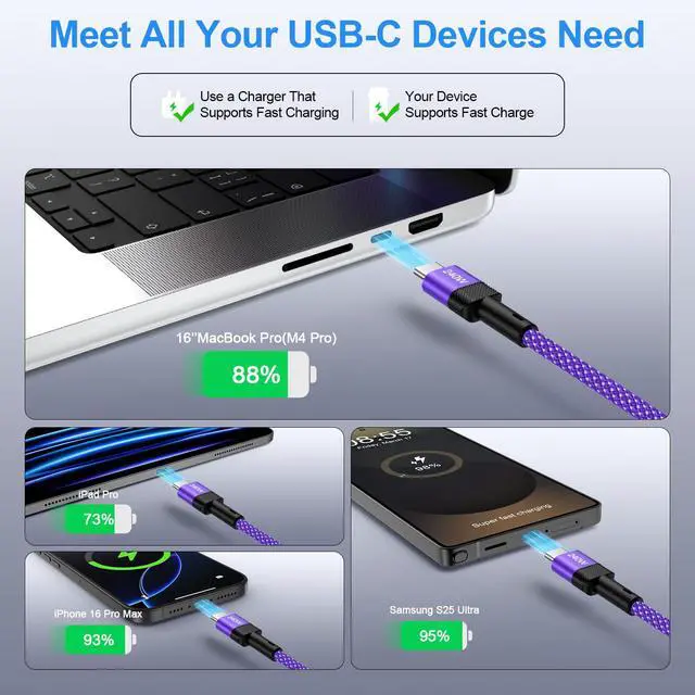 Alt view image 5 of 7 - iPhone 17e 17 Pro Max 240W USB C to USB C Cable, 10FT Fast Charging Type C Charger Cord Nylon Woven USBC Cable for iPhone 17e 17 Air 17 Pro 17 Pro Max 16e 16 Pro 15 iPad MacBook Samsung Galaxy Pixel