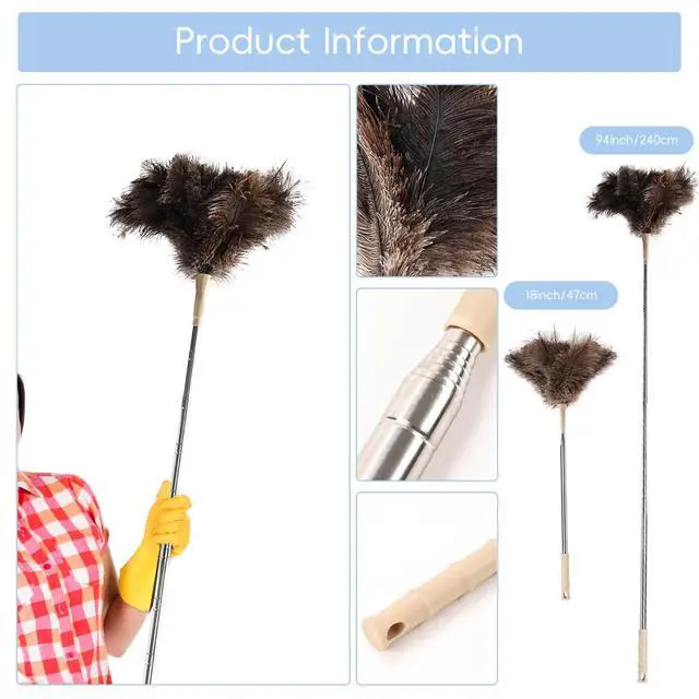 Alt view image 2 of 6 - Extendable Ostrich Feather Duster up to 27-94 inches Fluffy Feathers Long Handle Reusable for Cleaning Ceiling Fan Pendant lamp High Ceiling Blinds Furniture Feather Duster