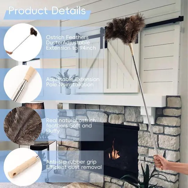 Alt view image 3 of 6 - Extendable Ostrich Feather Duster up to 27-94 inches Fluffy Feathers Long Handle Reusable for Cleaning Ceiling Fan Pendant lamp High Ceiling Blinds Furniture Feather Duster