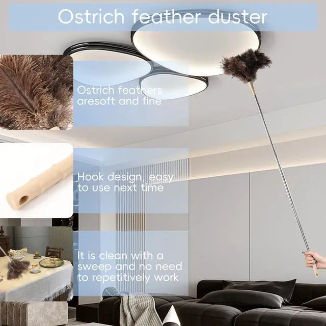 Alt view image 4 of 6 - Extendable Ostrich Feather Duster up to 27-94 inches Fluffy Feathers Long Handle Reusable for Cleaning Ceiling Fan Pendant lamp High Ceiling Blinds Furniture Feather Duster