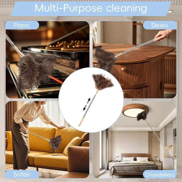 Alt view image 6 of 6 - Extendable Ostrich Feather Duster up to 27-94 inches Fluffy Feathers Long Handle Reusable for Cleaning Ceiling Fan Pendant lamp High Ceiling Blinds Furniture Feather Duster