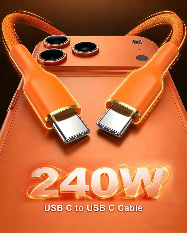 Alt view image 2 of 7 - 240W USB C Cable 6.6ft 2-Pack,Type-C Fast Charging Data Cord,Braided.Orange