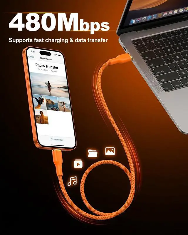 Alt view image 3 of 7 - 240W USB C Cable 6.6ft 2-Pack,Type-C Fast Charging Data Cord,Braided.Orange