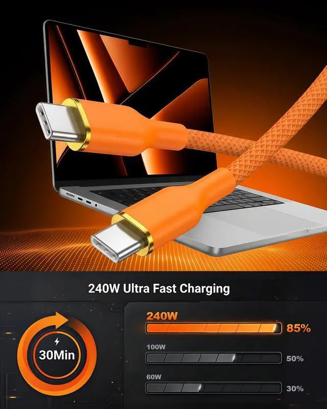 Alt view image 4 of 7 - 240W USB C Cable 6.6ft 2-Pack,Type-C Fast Charging Data Cord,Braided.Orange