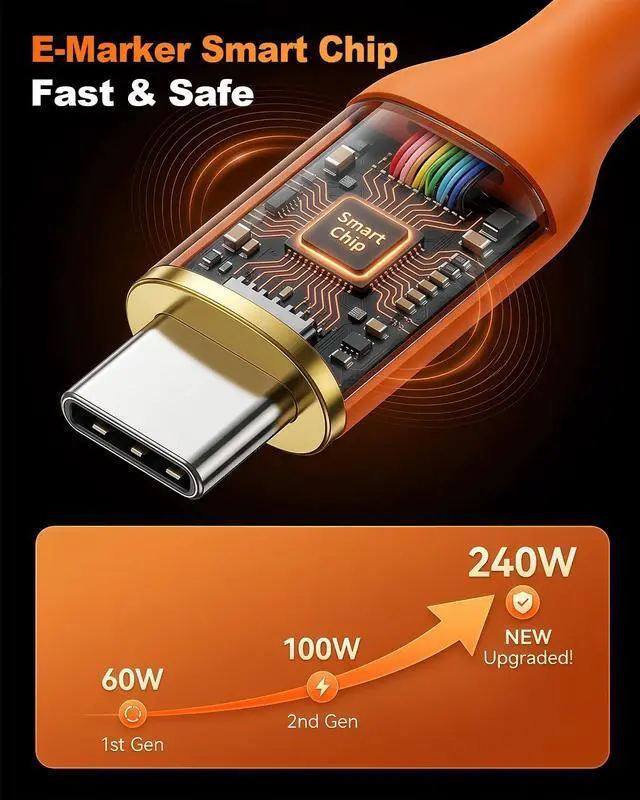 Alt view image 5 of 7 - 240W USB C Cable 6.6ft 2-Pack,Type-C Fast Charging Data Cord,Braided.Orange