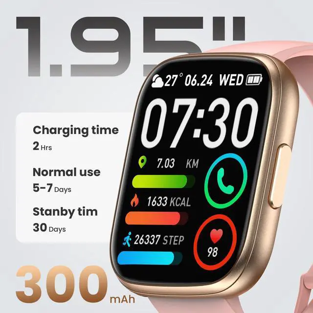 Alt view image 3 of 7 - Watch for Men Women (Answer/Make Call), 1.95" Touch Screen Fitness Tracker with Heart Rate/Sleep Monitor, IP68 Waterproof Smartwatch for Android iOS, Fitness Watch with 120+ Sports Modes, Pink