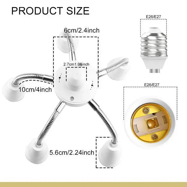 Alt view image 2 of 6 - 6 in 1 E26 E27 Light Socket Splitter, 360 Degree Adjustable Adapter | adjustable socket arms rotate 360 degrees for standard E26 and E27 LED bulbs, ideal for garages, studios and workshops