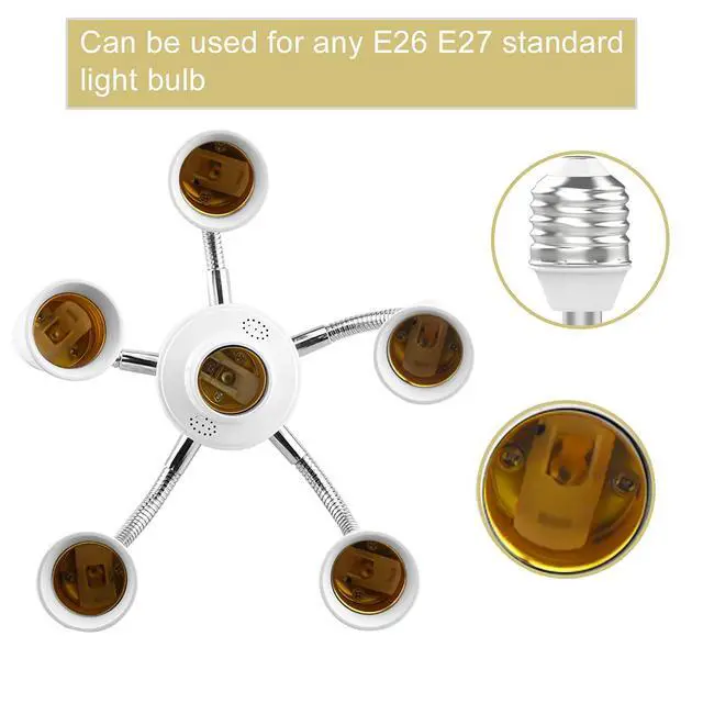 Alt view image 3 of 6 - 6 in 1 E26 E27 Light Socket Splitter, 360 Degree Adjustable Adapter | adjustable socket arms rotate 360 degrees for standard E26 and E27 LED bulbs, ideal for garages, studios and workshops