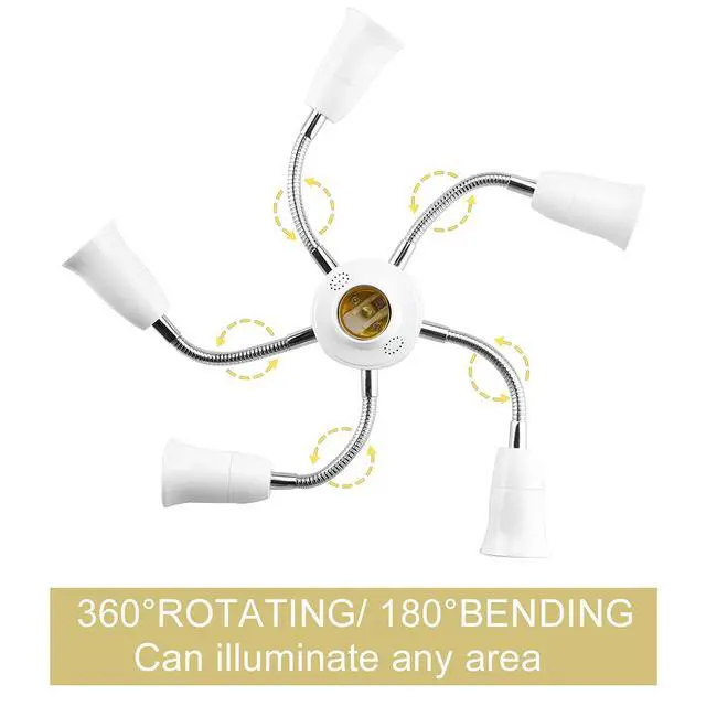 Alt view image 4 of 6 - 6 in 1 E26 E27 Light Socket Splitter, 360 Degree Adjustable Adapter | adjustable socket arms rotate 360 degrees for standard E26 and E27 LED bulbs, ideal for garages, studios and workshops