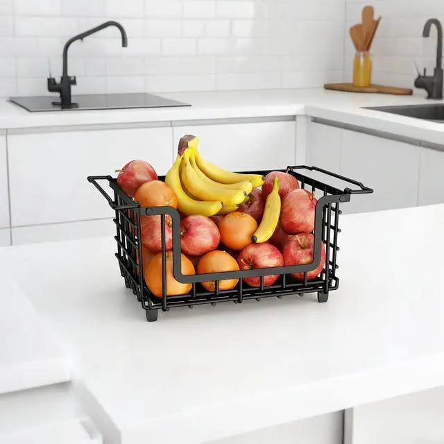 Main image of 1 Pack Stackable Metal Wire Vegetable Fruit Basket for Kitchen Counter Cabinet, Pantry Organizers and Storage Basket, Food Can Snack Onion Potato Bread Storage Shelf Freezer Organizer Bins Black