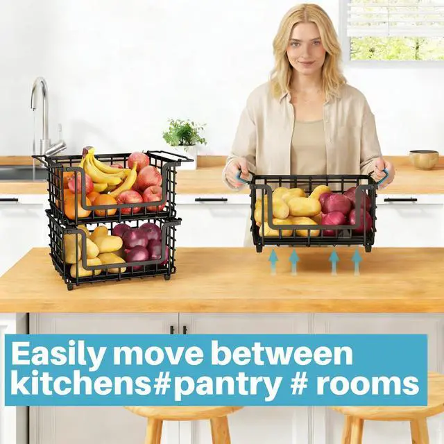 Alt view image 2 of 7 - 1 Pack Stackable Metal Wire Vegetable Fruit Basket for Kitchen Counter Cabinet, Pantry Organizers and Storage Basket, Food Can Snack Onion Potato Bread Storage Shelf Freezer Organizer Bins Black