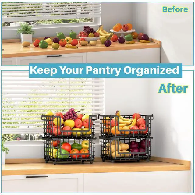 Alt view image 3 of 7 - 1 Pack Stackable Metal Wire Vegetable Fruit Basket for Kitchen Counter Cabinet, Pantry Organizers and Storage Basket, Food Can Snack Onion Potato Bread Storage Shelf Freezer Organizer Bins Black