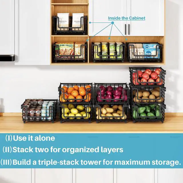 Alt view image 4 of 7 - 1 Pack Stackable Metal Wire Vegetable Fruit Basket for Kitchen Counter Cabinet, Pantry Organizers and Storage Basket, Food Can Snack Onion Potato Bread Storage Shelf Freezer Organizer Bins Black