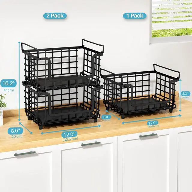 Alt view image 7 of 7 - 1 Pack Stackable Metal Wire Vegetable Fruit Basket for Kitchen Counter Cabinet, Pantry Organizers and Storage Basket, Food Can Snack Onion Potato Bread Storage Shelf Freezer Organizer Bins Black