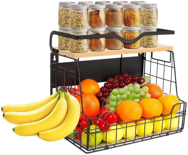 Main image of Magnetic Fridge Organizer Basket with Wood Shelf, Large Fruit Vegetable Storage Bin, Spices Snacks Condiments Rack for Kitchen Pantry, Laundry Room, Office, Magnetic or Wall Mount (Black)