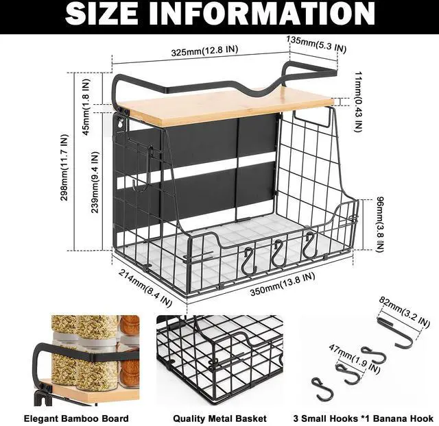 Alt view image 2 of 7 - Magnetic Fridge Organizer Basket with Wood Shelf, Large Fruit Vegetable Storage Bin, Spices Snacks Condiments Rack for Kitchen Pantry, Laundry Room, Office, Magnetic or Wall Mount (Black)