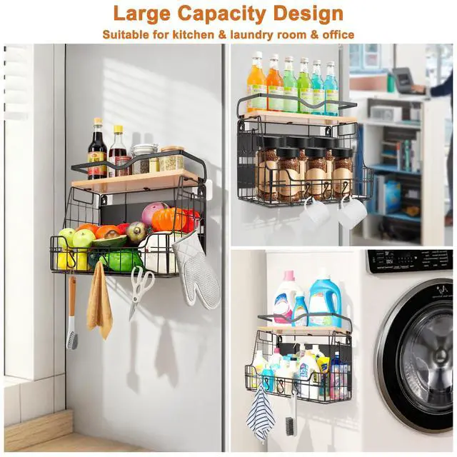 Alt view image 5 of 7 - Magnetic Fridge Organizer Basket with Wood Shelf, Large Fruit Vegetable Storage Bin, Spices Snacks Condiments Rack for Kitchen Pantry, Laundry Room, Office, Magnetic or Wall Mount (Black)