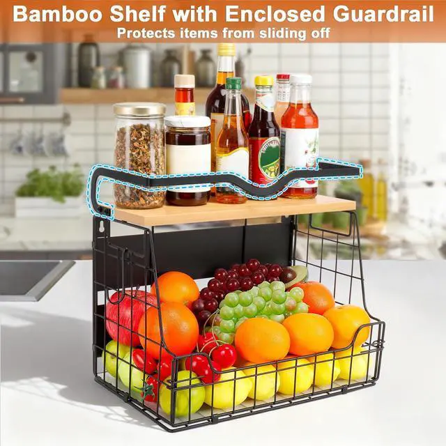 Alt view image 3 of 7 - Magnetic Fridge Organizer Basket with Wood Shelf, Large Fruit Vegetable Storage Bin, Spices Snacks Condiments Rack for Kitchen Pantry, Laundry Room, Office, Magnetic or Wall Mount (Black)
