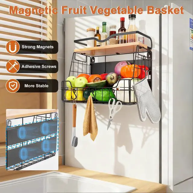 Alt view image 4 of 7 - Magnetic Fridge Organizer Basket with Wood Shelf, Large Fruit Vegetable Storage Bin, Spices Snacks Condiments Rack for Kitchen Pantry, Laundry Room, Office, Magnetic or Wall Mount (Black)