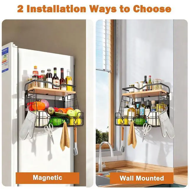 Alt view image 6 of 7 - Magnetic Fridge Organizer Basket with Wood Shelf, Large Fruit Vegetable Storage Bin, Spices Snacks Condiments Rack for Kitchen Pantry, Laundry Room, Office, Magnetic or Wall Mount (Black)