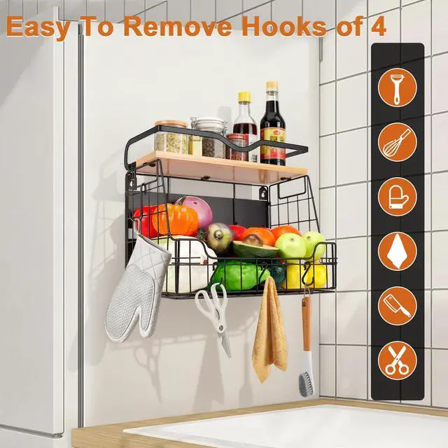 Alt view image 7 of 7 - Magnetic Fridge Organizer Basket with Wood Shelf, Large Fruit Vegetable Storage Bin, Spices Snacks Condiments Rack for Kitchen Pantry, Laundry Room, Office, Magnetic or Wall Mount (Black)