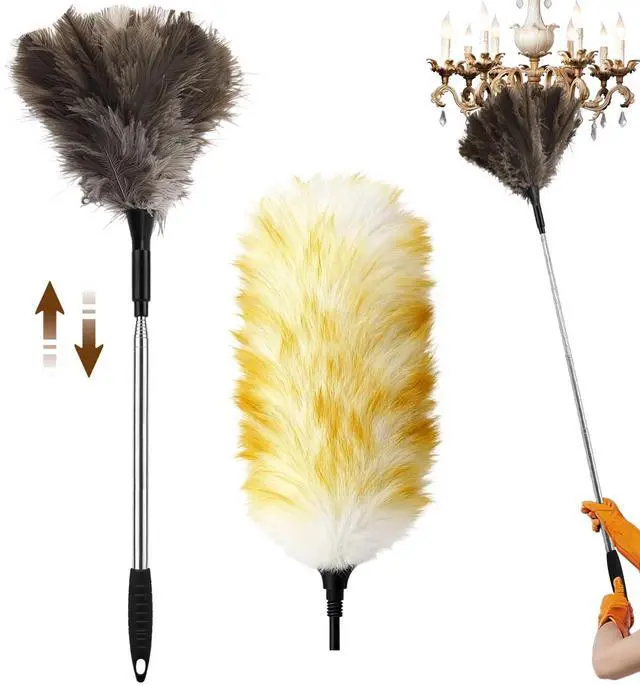 Main image of Ostrich Feather Duster with Bonus Wool Feather Duster Head - Natural Fluffy Non-Slip Handle Feathers Dusters for Cleaning Ceiling Fans, Blinds, Roof Dusting, High Surfaces (18-48 in)