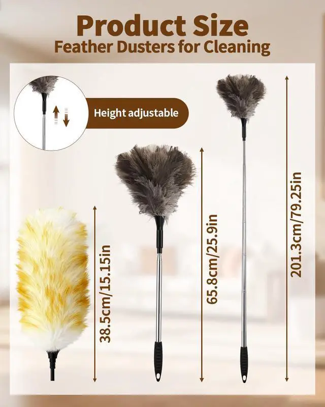 Alt view image 2 of 7 - Ostrich Feather Duster with Bonus Wool Feather Duster Head - Natural Fluffy Non-Slip Handle Feathers Dusters for Cleaning Ceiling Fans, Blinds, Roof Dusting, High Surfaces (18-48 in)