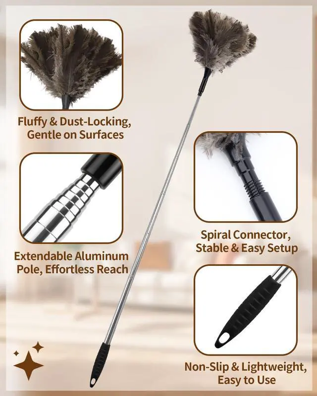 Alt view image 3 of 7 - Ostrich Feather Duster with Bonus Wool Feather Duster Head - Natural Fluffy Non-Slip Handle Feathers Dusters for Cleaning Ceiling Fans, Blinds, Roof Dusting, High Surfaces (18-48 in)