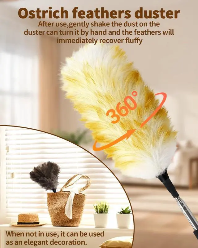 Alt view image 5 of 7 - Ostrich Feather Duster with Bonus Wool Feather Duster Head - Natural Fluffy Non-Slip Handle Feathers Dusters for Cleaning Ceiling Fans, Blinds, Roof Dusting, High Surfaces (18-48 in)