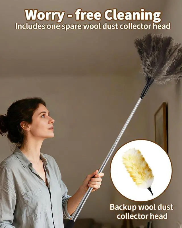 Alt view image 6 of 7 - Ostrich Feather Duster with Bonus Wool Feather Duster Head - Natural Fluffy Non-Slip Handle Feathers Dusters for Cleaning Ceiling Fans, Blinds, Roof Dusting, High Surfaces (18-48 in)