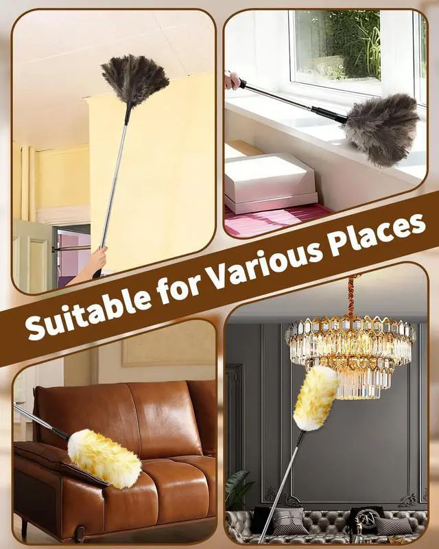 Alt view image 7 of 7 - Ostrich Feather Duster with Bonus Wool Feather Duster Head - Natural Fluffy Non-Slip Handle Feathers Dusters for Cleaning Ceiling Fans, Blinds, Roof Dusting, High Surfaces (18-48 in)