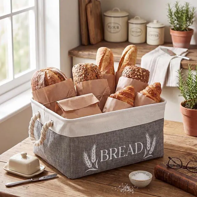 Alt view image 6 of 6 - Bread Storage Basket Foldable Bread Storage Container Bin with Handles Burlap Basket Box for Kitchen Counter and Pantry