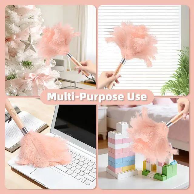 Alt view image 7 of 7 - Pink Ostrich Feather Duster for Cleaning with Wooden Handle, 13.5 Inch