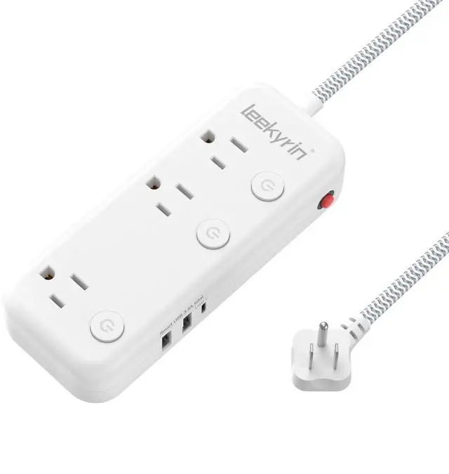 Main image of 3 USB(USB C) Appliance Extension Cord with Individual Switches, 5Ft Long Braided Cord with 6 outlets, Flat Plug Surge Protector Power Strip for Nursery Kitchen Home Office Dorm Essentials