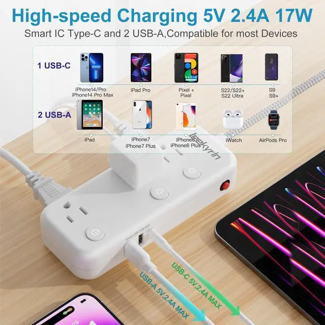 Alt view image 2 of 7 - 3 USB(USB C) Appliance Extension Cord with Individual Switches, 5Ft Long Braided Cord with 6 outlets, Flat Plug Surge Protector Power Strip for Nursery Kitchen Home Office Dorm Essentials