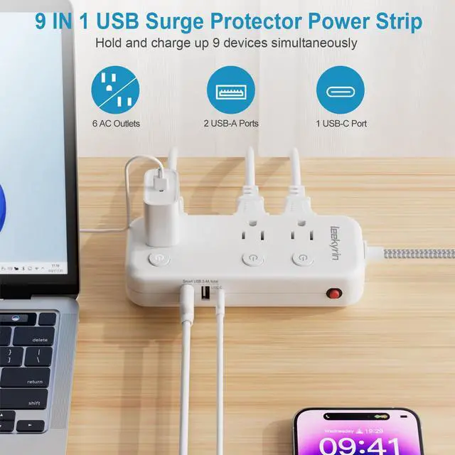 Alt view image 3 of 7 - 3 USB(USB C) Appliance Extension Cord with Individual Switches, 5Ft Long Braided Cord with 6 outlets, Flat Plug Surge Protector Power Strip for Nursery Kitchen Home Office Dorm Essentials