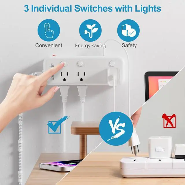 Alt view image 5 of 7 - 3 USB(USB C) Appliance Extension Cord with Individual Switches, 5Ft Long Braided Cord with 6 outlets, Flat Plug Surge Protector Power Strip for Nursery Kitchen Home Office Dorm Essentials