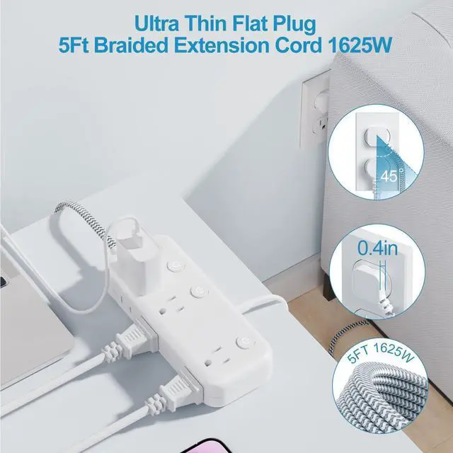 Alt view image 4 of 7 - 3 USB(USB C) Appliance Extension Cord with Individual Switches, 5Ft Long Braided Cord with 6 outlets, Flat Plug Surge Protector Power Strip for Nursery Kitchen Home Office Dorm Essentials