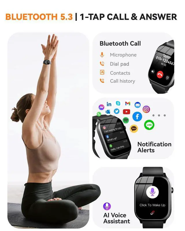 Alt view image 2 of 7 - Smart Watches for Women Men, Fitness Tracker Watch with 110 Sports Modes, Step Counter/Sleep Monitor/Pedometer, IP68 Waterproof, Bluetooth Call & Music Control Smartwatch for iPhone/Android,Black