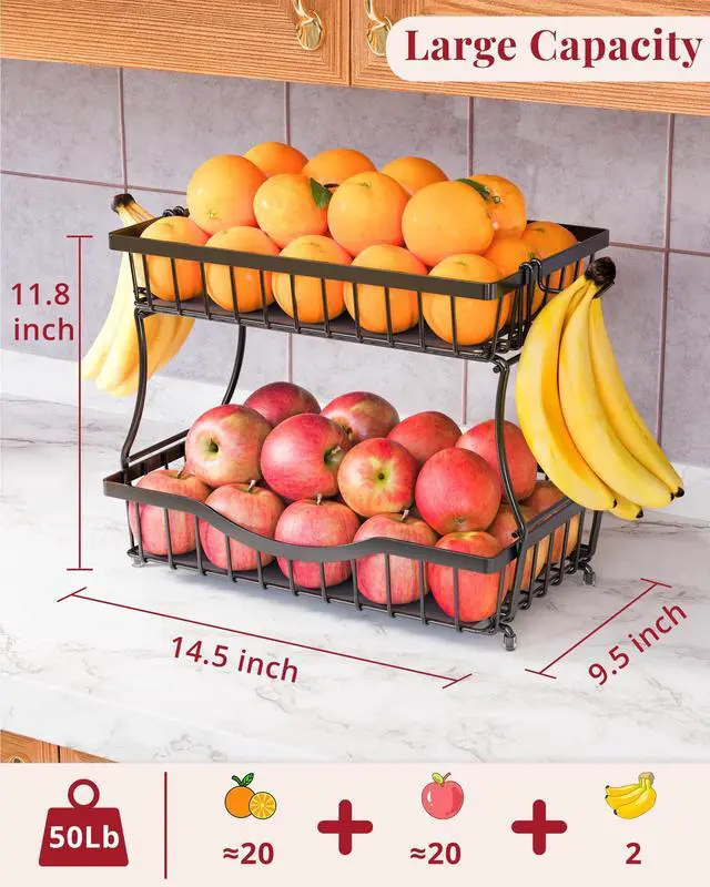 Alt view image 2 of 7 - Large 2 Tier Fruit Basket for Kitchen Counter with 2 Banana Hangers, Black