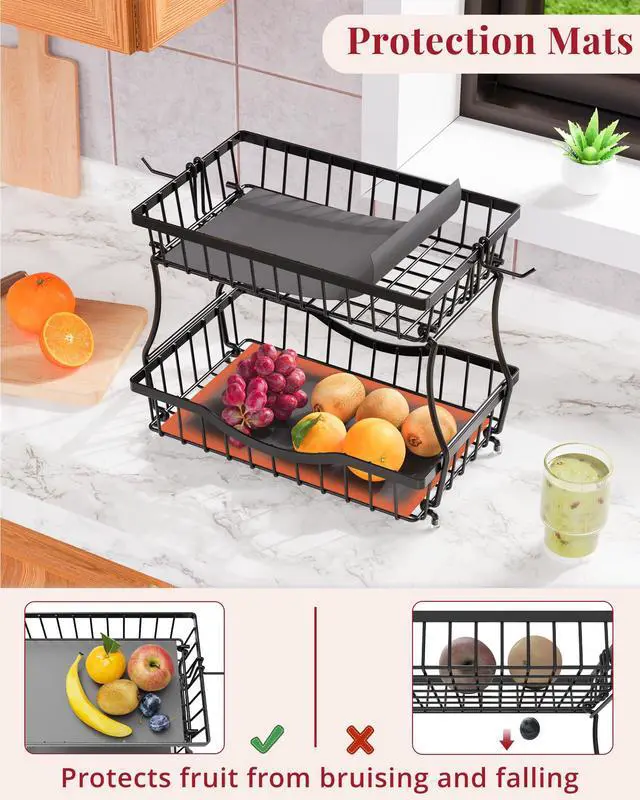 Alt view image 3 of 7 - Large 2 Tier Fruit Basket for Kitchen Counter with 2 Banana Hangers, Black