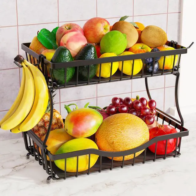 Main image of Large 2 Tier Fruit Basket for Kitchen Counter with 2 Banana Hangers, Black