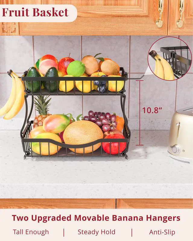 Alt view image 4 of 7 - Large 2 Tier Fruit Basket for Kitchen Counter with 2 Banana Hangers, Black