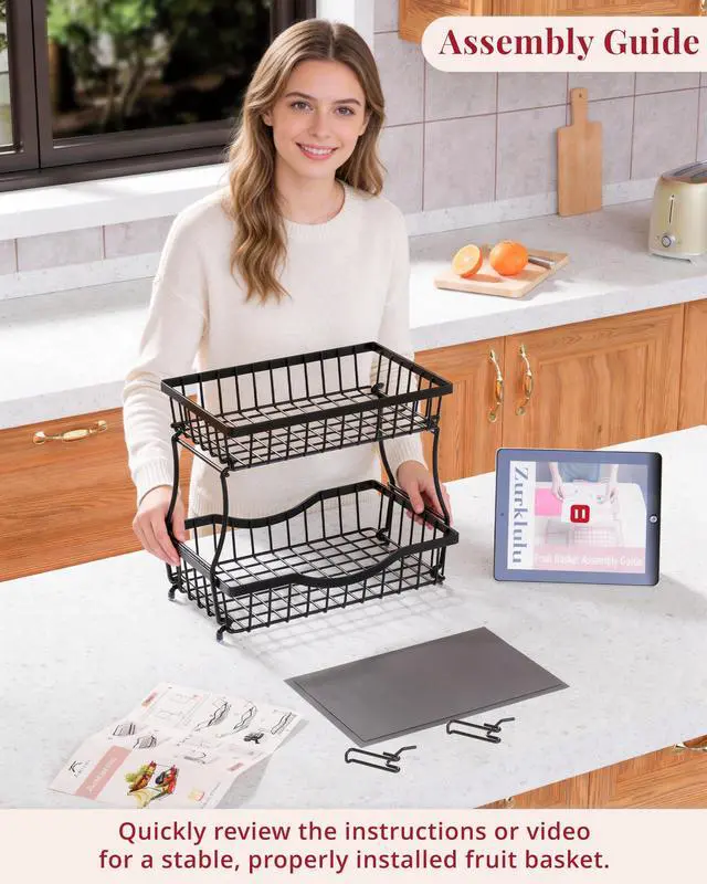 Alt view image 6 of 7 - Large 2 Tier Fruit Basket for Kitchen Counter with 2 Banana Hangers, Black