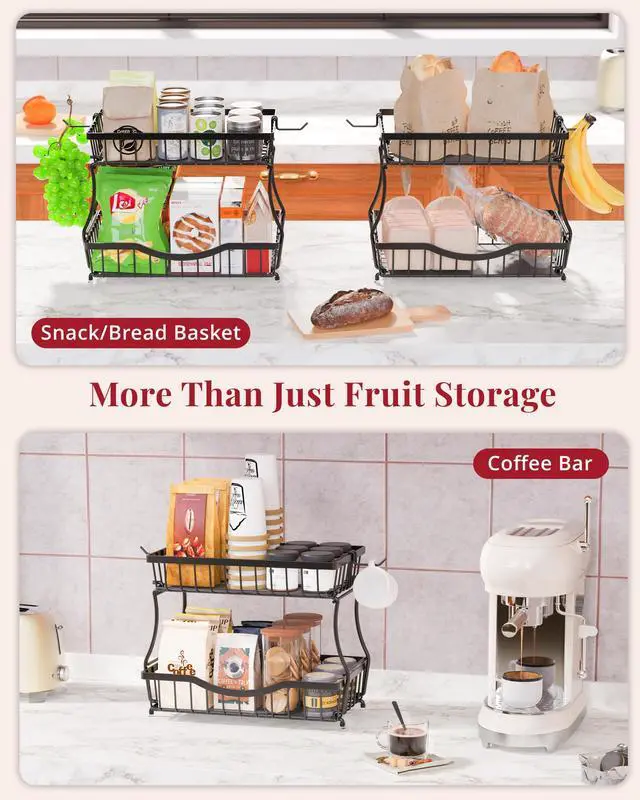 Alt view image 7 of 7 - Large 2 Tier Fruit Basket for Kitchen Counter with 2 Banana Hangers, Black