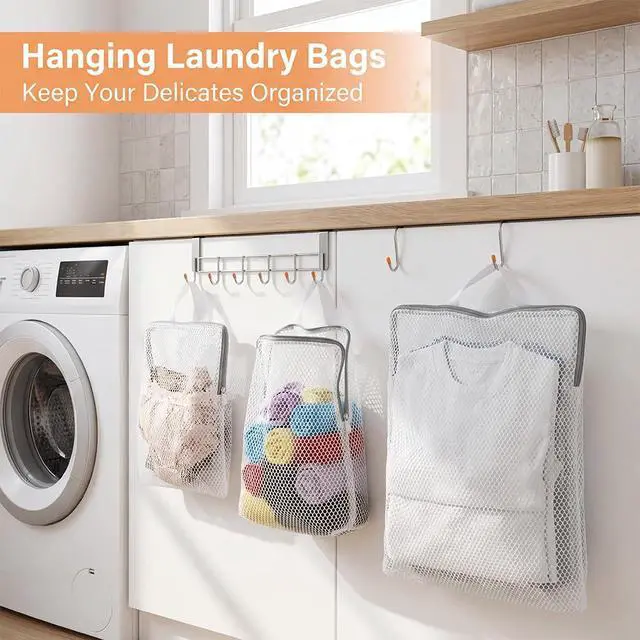 Alt view image 3 of 7 - 3 Pcs Mesh Hanging Laundry Bags With S Hooks, Durable Protective Wash Bags to Help Prevent Snagging, Tangling, and Shape Changes, Laundry Bags for Delicates and Sorting