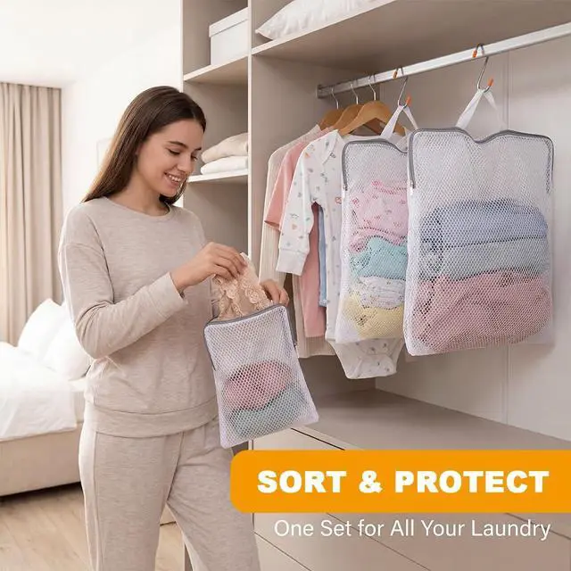 Alt view image 5 of 7 - 3 Pcs Mesh Hanging Laundry Bags With S Hooks, Durable Protective Wash Bags to Help Prevent Snagging, Tangling, and Shape Changes, Laundry Bags for Delicates and Sorting