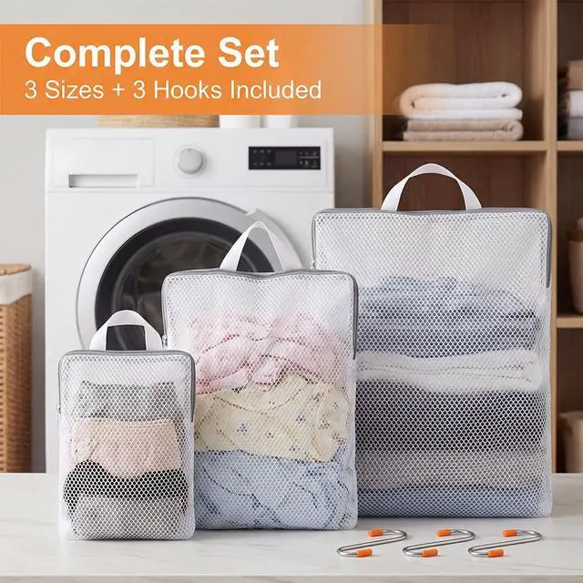 Alt view image 7 of 7 - 3 Pcs Mesh Hanging Laundry Bags With S Hooks, Durable Protective Wash Bags to Help Prevent Snagging, Tangling, and Shape Changes, Laundry Bags for Delicates and Sorting