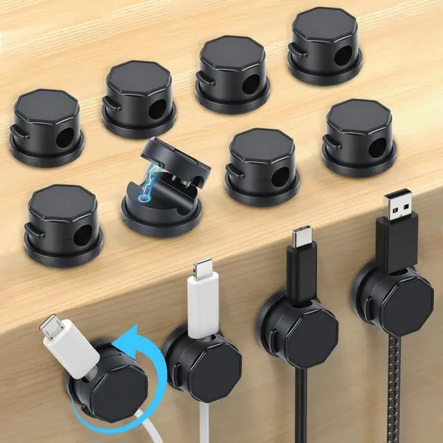 Main image of 12 Pack Cable Management Holder Magnetic 360° Rotatable Cable Clips Self-Adhesive Cord Organizer Holders for Nightstand, Office, Desk, Desk Organizers and Accessories